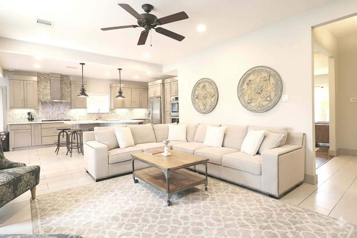 Casa Luna living room, furnished house in Texas Medical Center / Meyerland, Houston