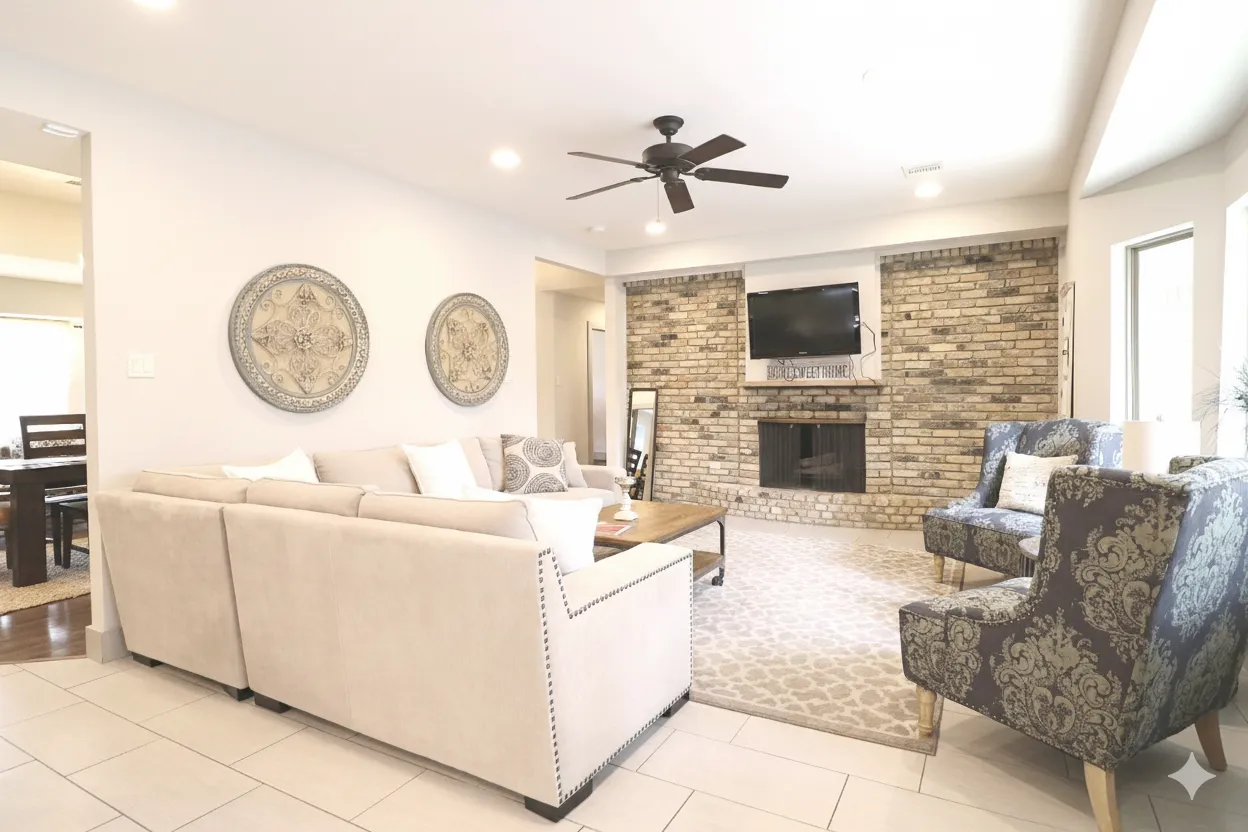 Casa Luna living room, furnished house in Texas Medical Center / Meyerland, Houston — What a 30-Night Houston Stay Costs in 2026
